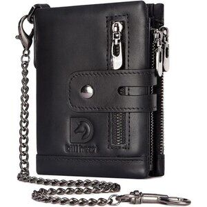 Mens Wallet with Chain Genuine Leather Purse RFID Blocking Bifold Double Zipper